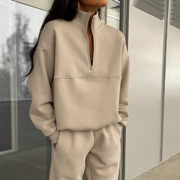 Khaki Casual Women's Solid Color 2-Piece Set - Picture 1 of 7